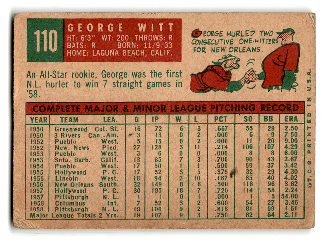 1959 Topps #110 George Witt Pittsburgh Pirates RC G/VG