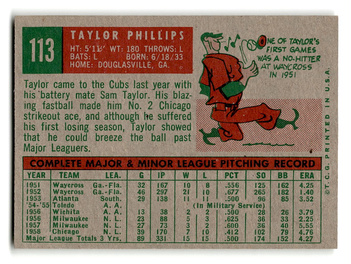 1959 Topps #113 Taylor Phillips Chicago Cubs NMT