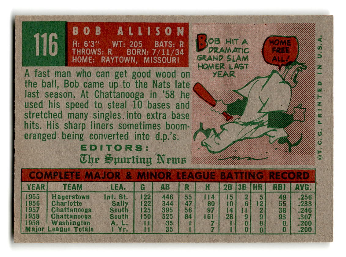1959 Topps #116 Bob Allison Washington Senators RC EXMT