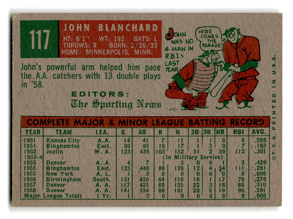 1959 Topps #117 John Blanchard New York Yankees EXMT