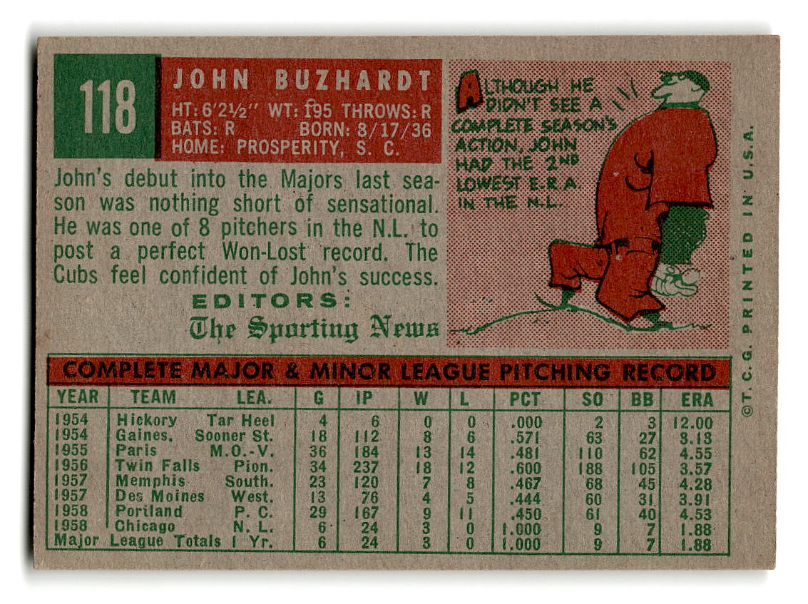 1959 Topps #118 John Buzhardt Chicago Cubs RC EX
