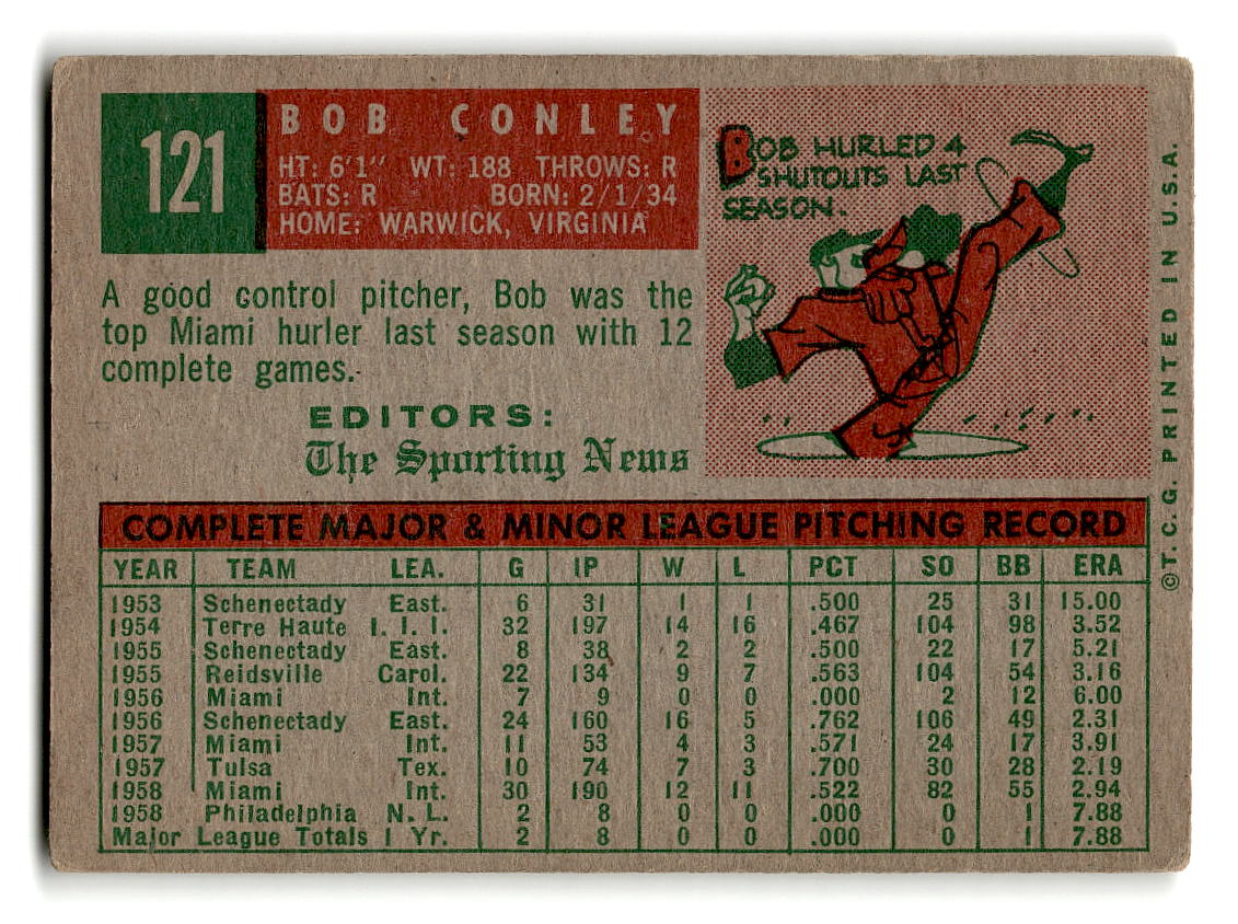 1959 Topps #121 Bob Conley Philadelphia Phillies RC VG