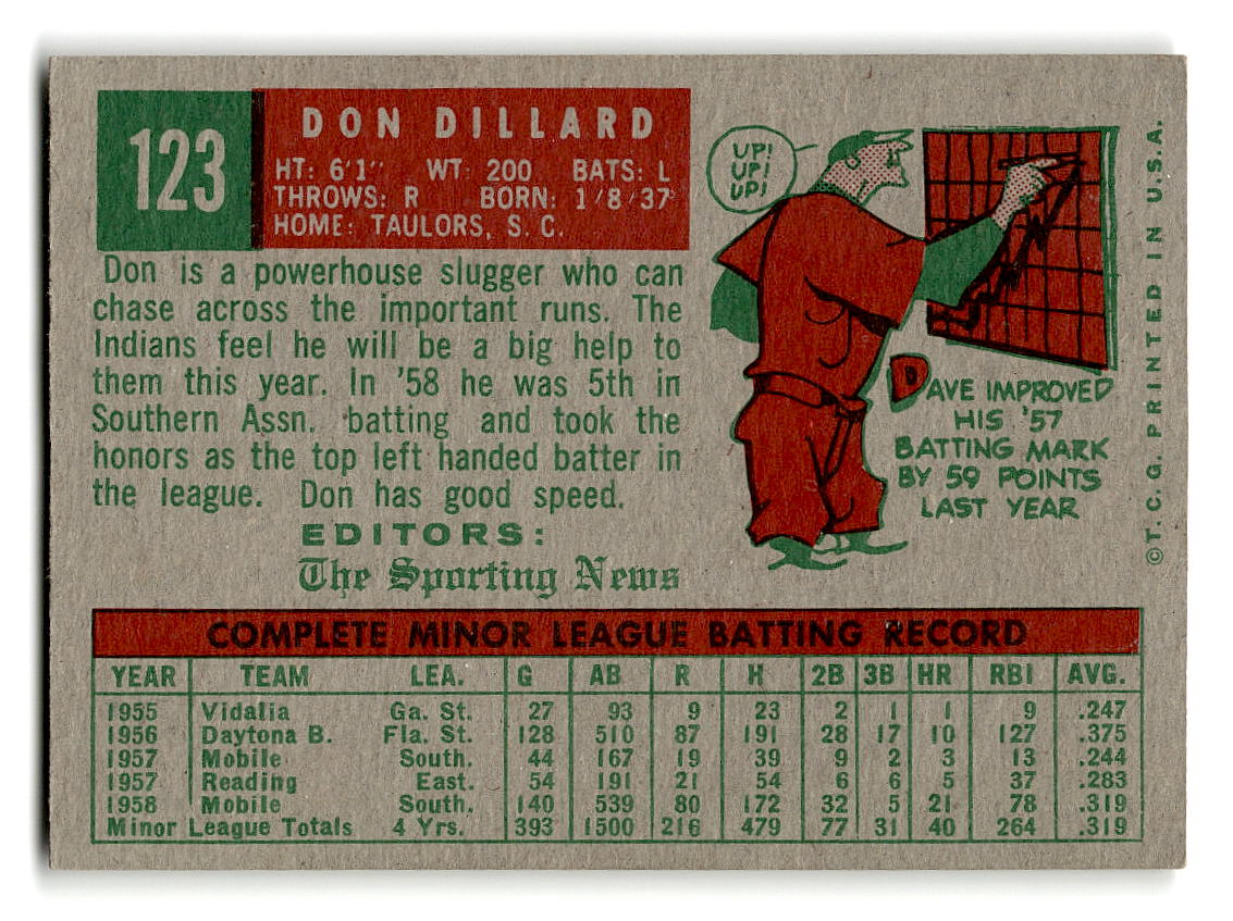1959 Topps #123 Don Dillard Cleveland Indians RC EXMT
