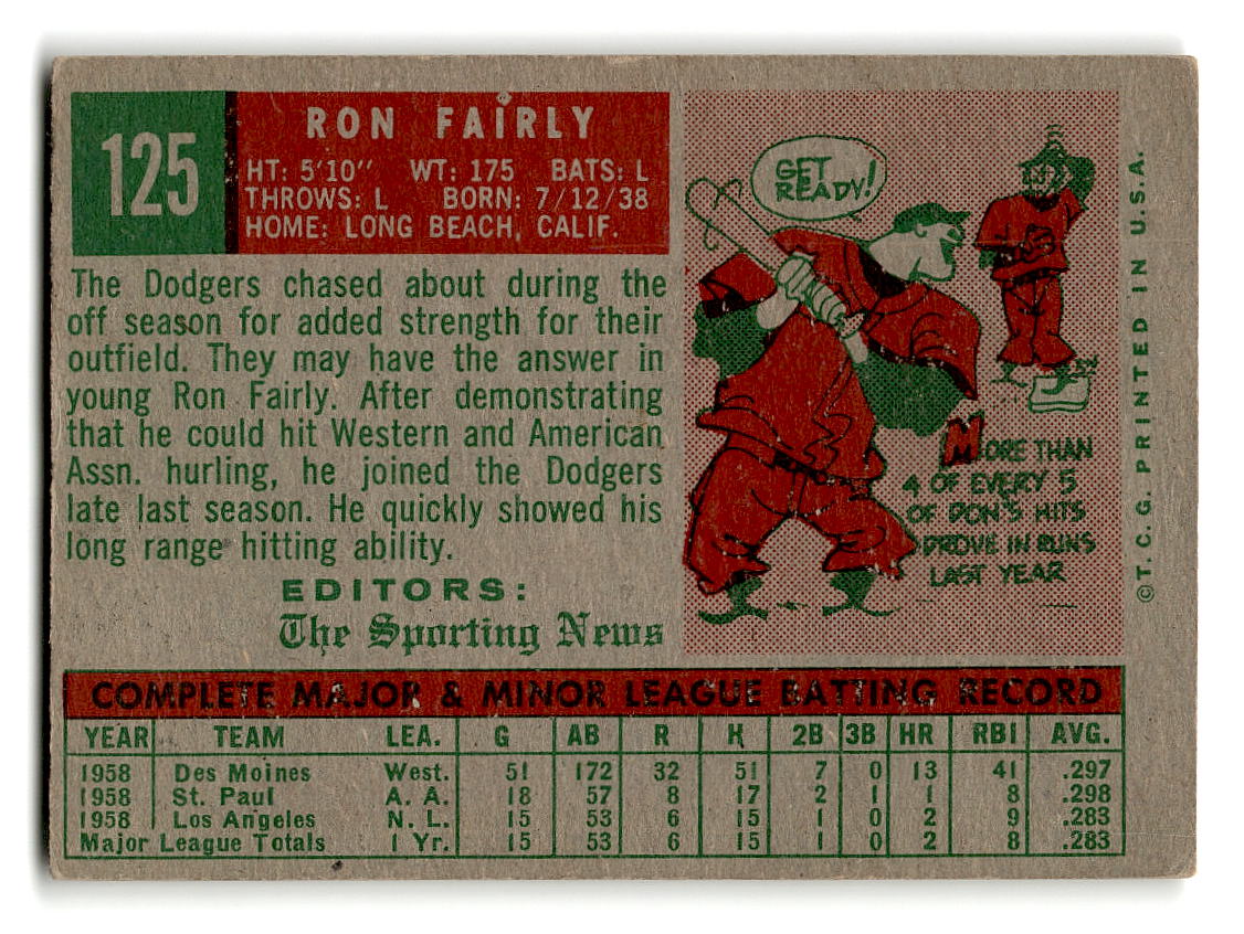 1959 Topps #125 Ron Fairly Los Angeles Dodgers RC VGEX