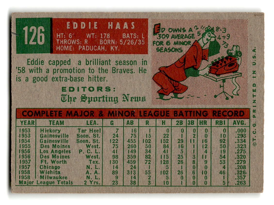1959 Topps #126 Eddie Haas Milwaukee Braves RC VGEX