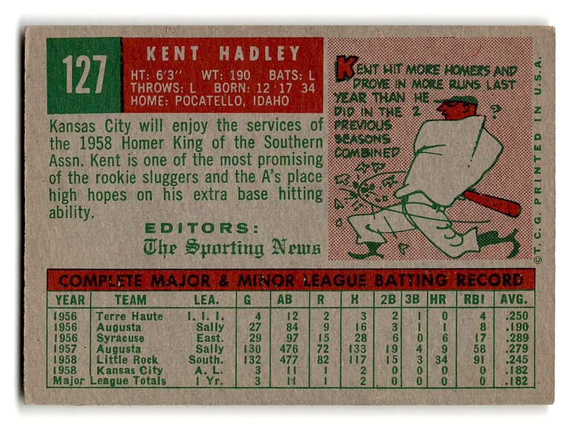 1959 Topps #127 Kent Hadley Kansas City Athletics RC EX