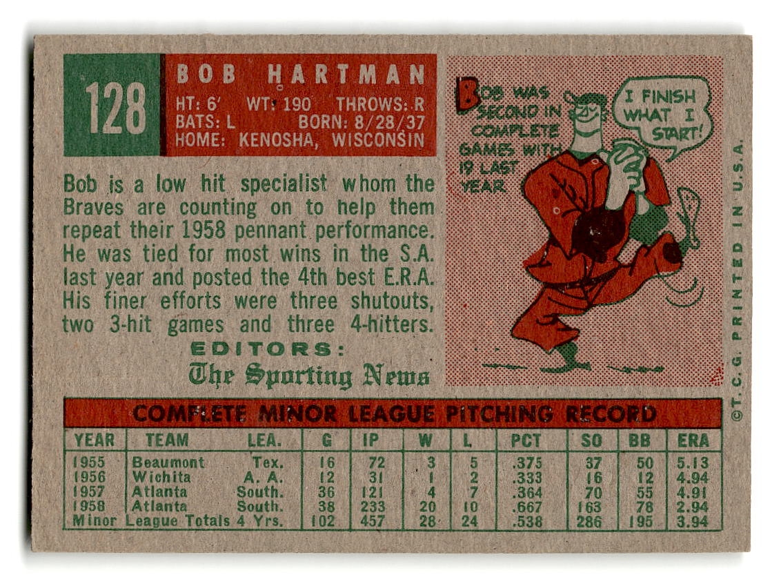 1959 Topps #128 Bob Hartman Milwaukee Braves RC EX