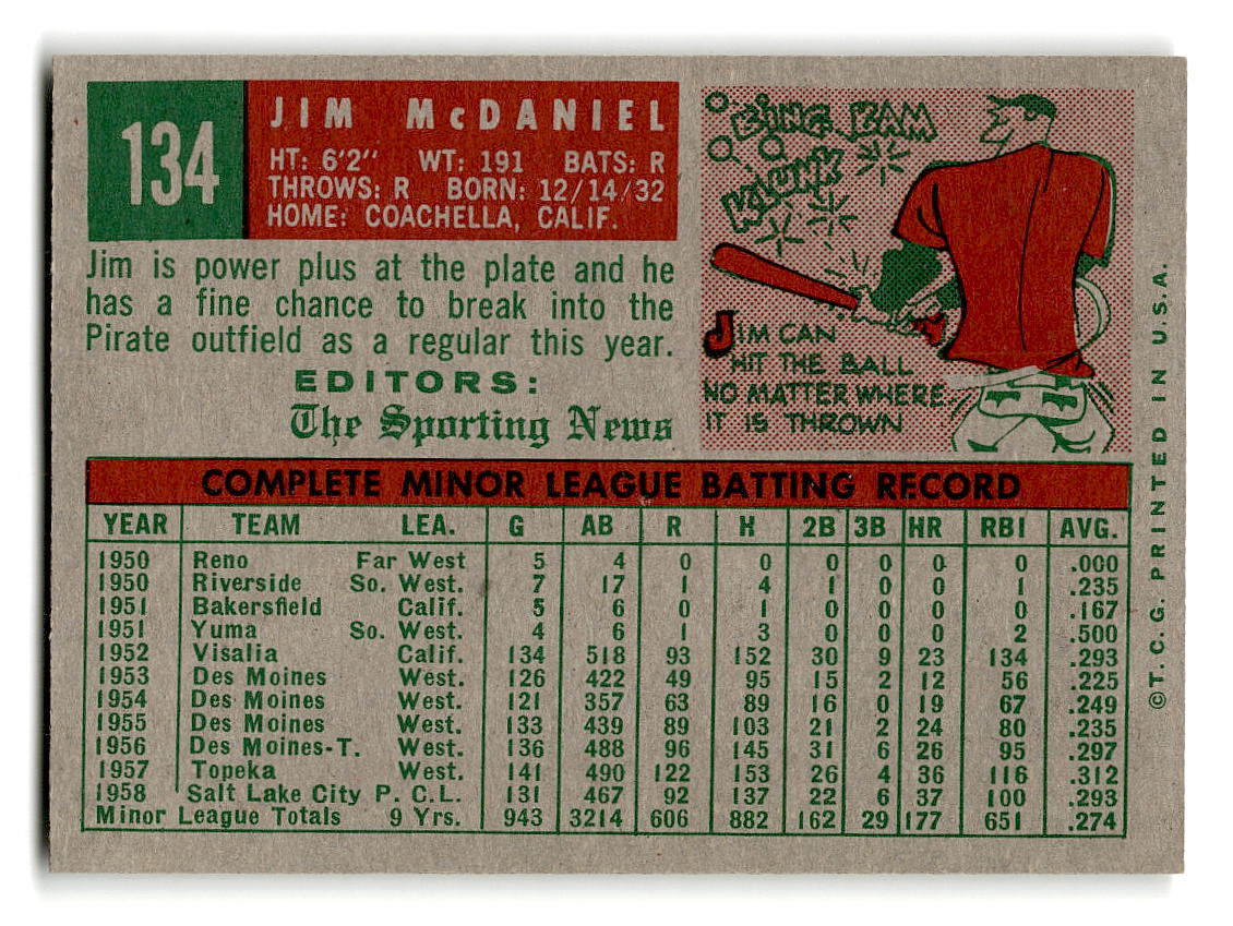 1959 Topps #134 Jim McDaniel Pittsburgh Pirates RC EXMT