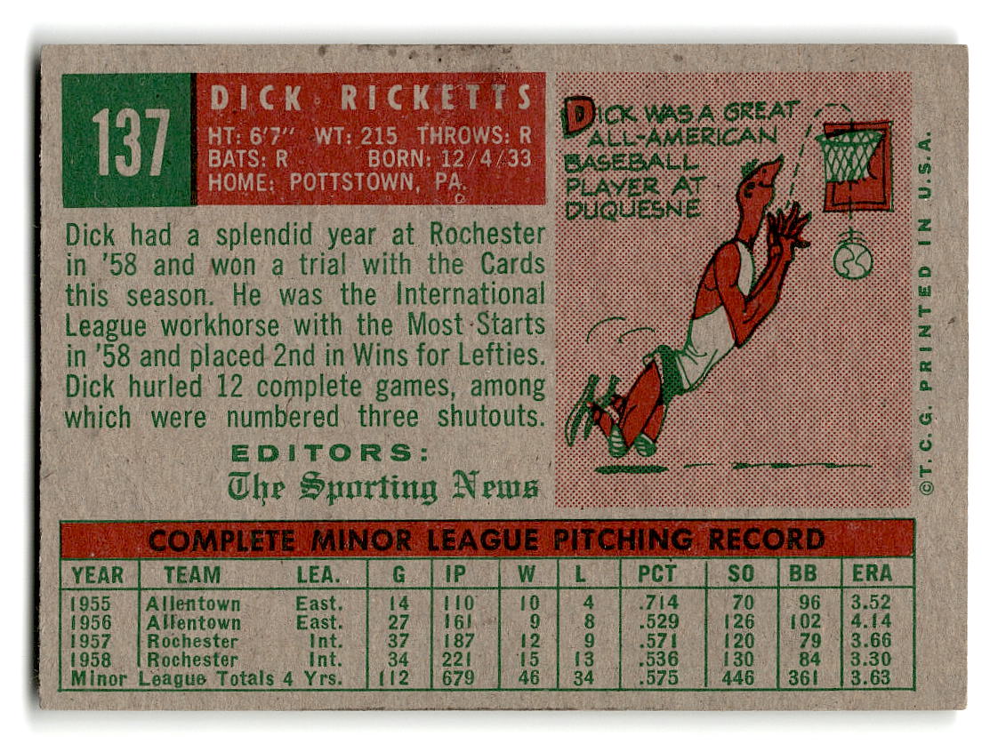 1959 Topps #137 Dick Ricketts St. Louis Cardinals RC EX