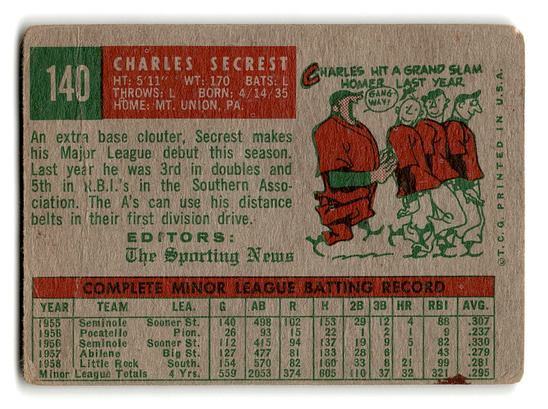 1959 Topps #140 Charlie Secrest Kansas City Athletics RC G