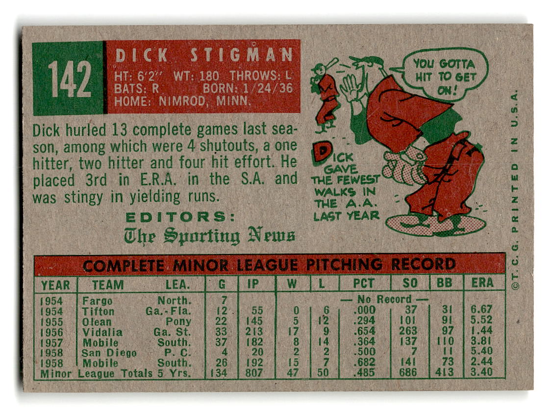 1959 Topps #142 Dick Stigman Cleveland Indians RC EXMT