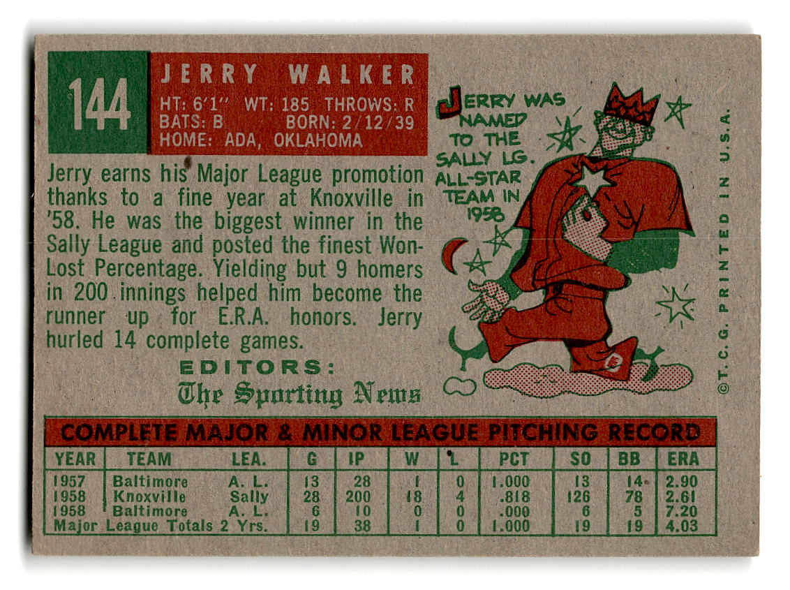 1959 Topps #144 Jerry Walker Baltimore Orioles EX