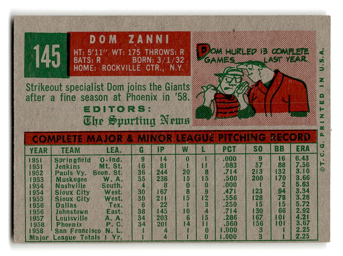 1959 Topps #145 Dom Zanni San Francisco Giants RC EX