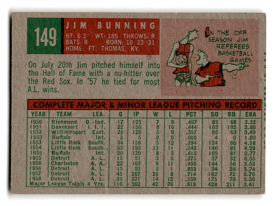 1959 Topps #149 Jim Bunning Detroit Tigers EX