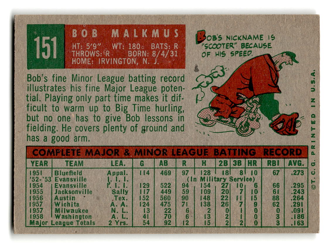 1959 Topps #151 Bobby Malkmus Washington Senators EXMT