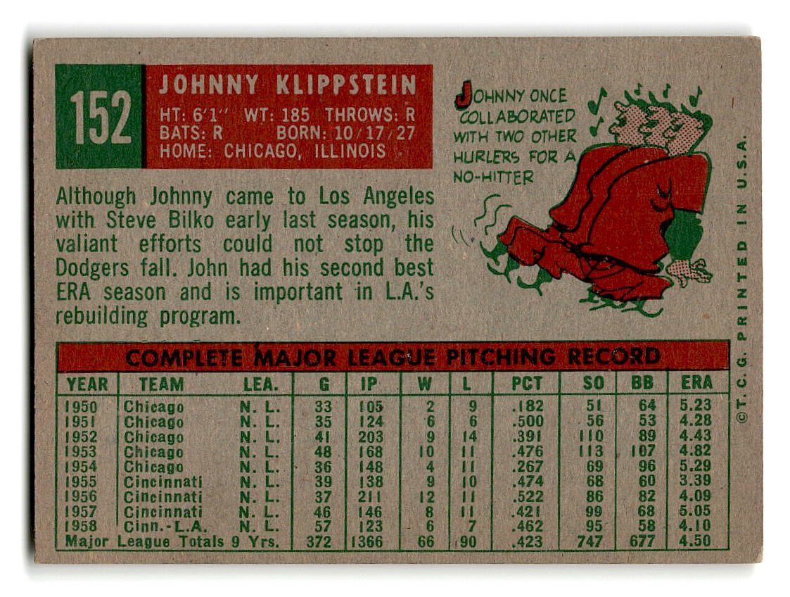1959 Topps #152 Johnny Klippstein Los Angeles Dodgers EX