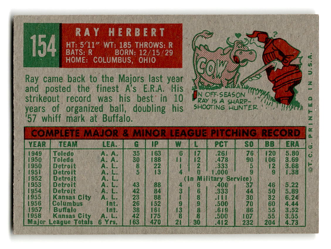 1959 Topps #154 Ray Herbert Kansas City Athletics EX