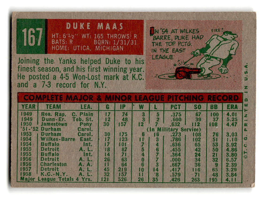 1959 Topps #167 Duke Maas New York Yankees EX