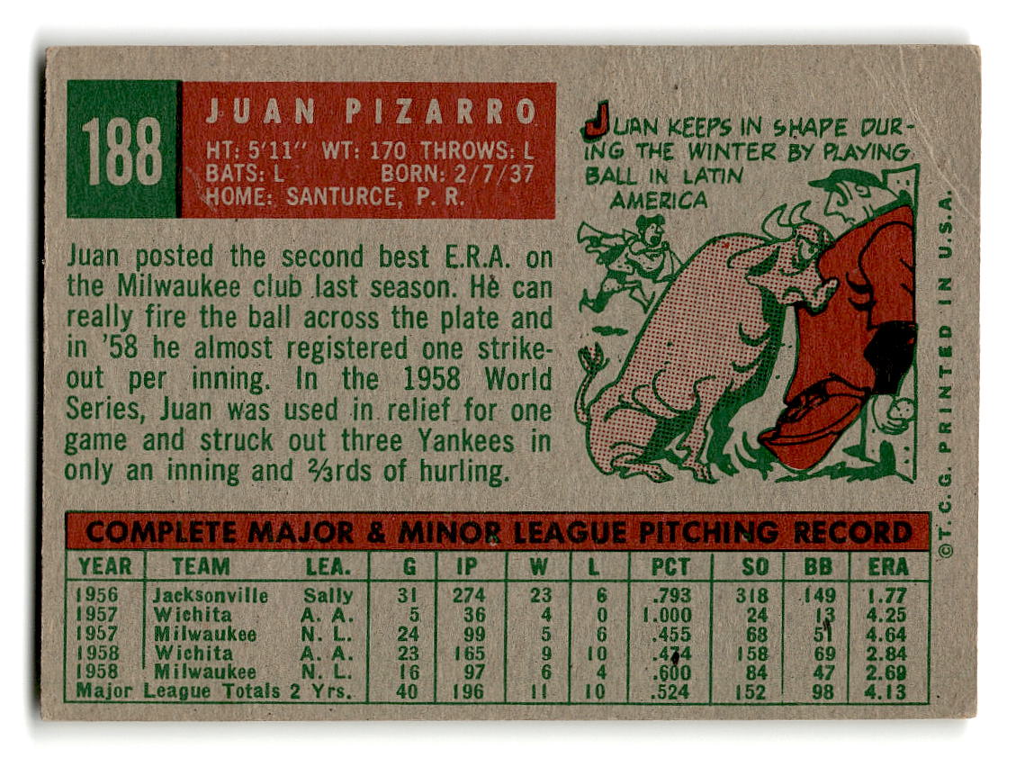 1959 Topps #188 Juan Pizarro Milwaukee Braves VGEX