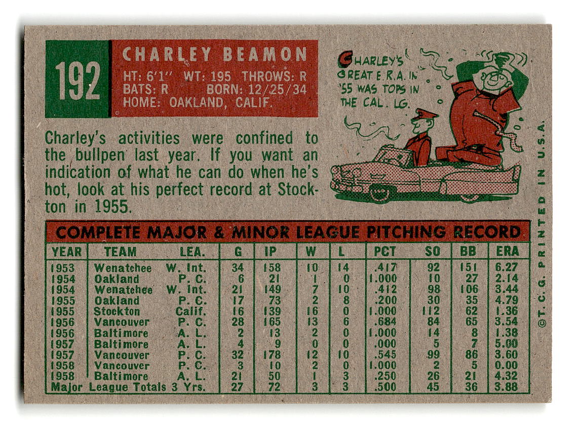 1959 Topps #192 Charley Beamon Baltimore Orioles RC EX