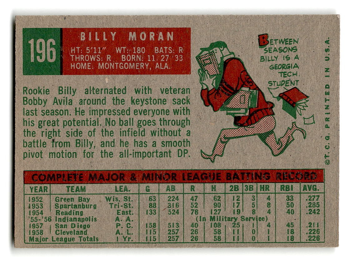 1959 Topps #196 Billy Moran Cleveland Indians EXMT