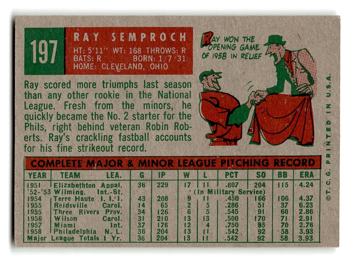 1959 Topps #197 Ray Semproch Philadelphia Phillies NMT