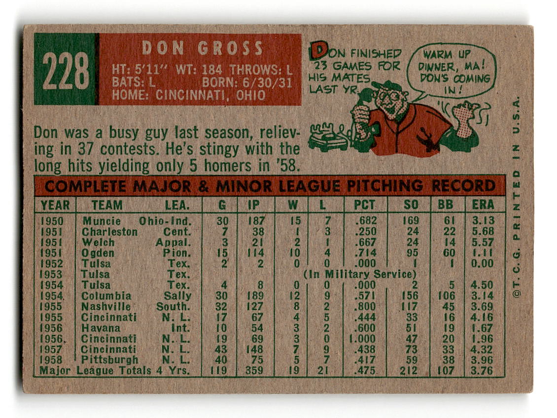 1959 Topps #228 Don Gross Pittsburgh Pirates VG