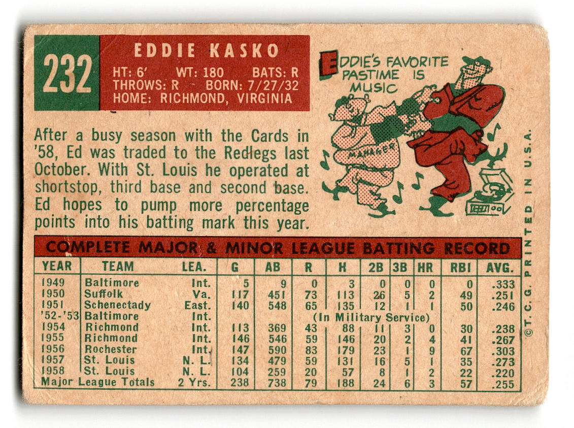 1959 Topps #232 Eddie Kasko Cincinnati Reds VG