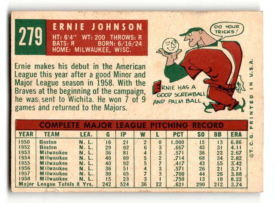 1959 Topps #279 Ernie Johnson Baltimore Orioles VGEX