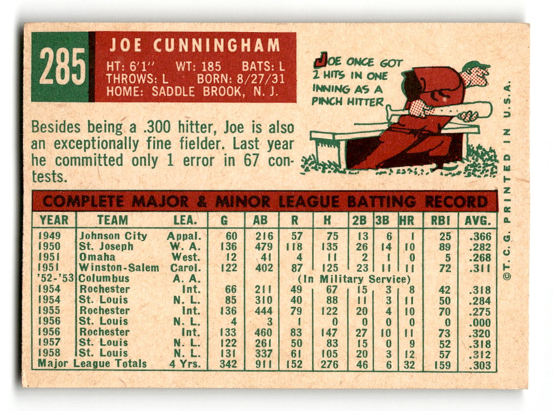 1959 Topps #285 Joe Cunningham St. Louis Cardinals EXMT