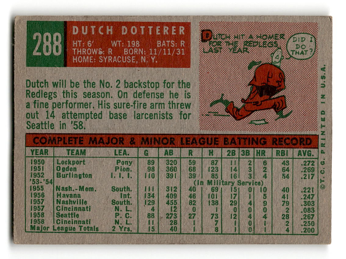 1959 Topps #288 Dutch Dotterer Cincinnati Reds EX
