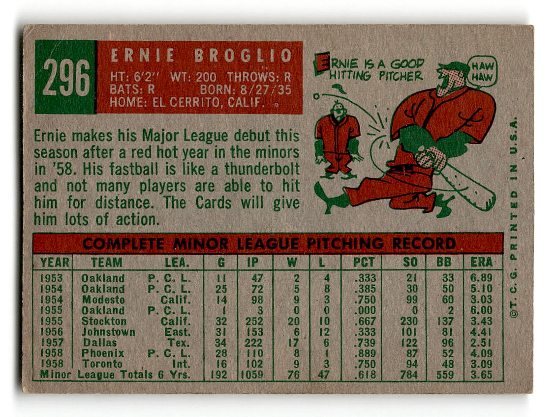1959 Topps #296 Ernie Broglio St. Louis Cardinals RC VG