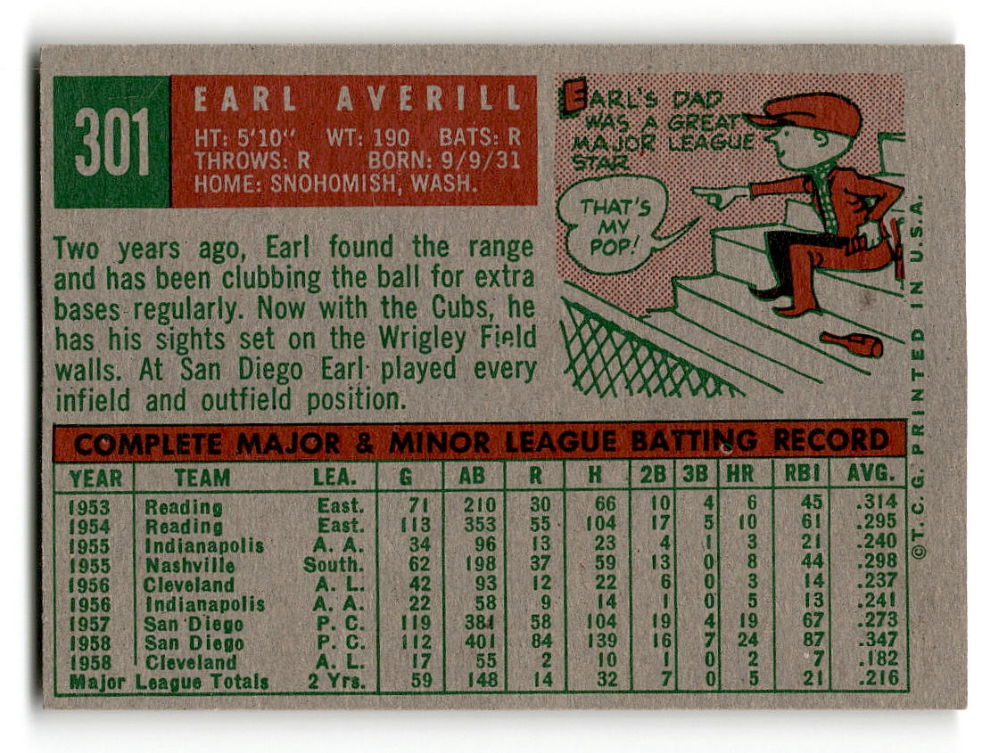 1959 Topps #301 Earl Averill Jr. Chicago Cubs RC EXMT