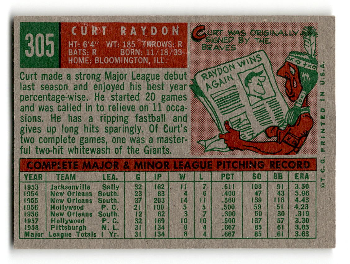 1959 Topps #305 Curt Raydon Pittsburgh Pirates RC EX