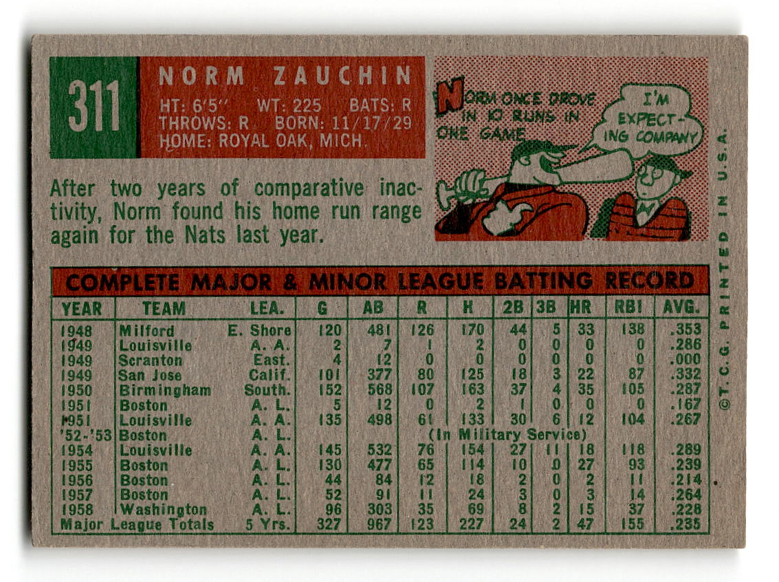 1959 Topps #311 Norm Zauchin Washington Senators EX