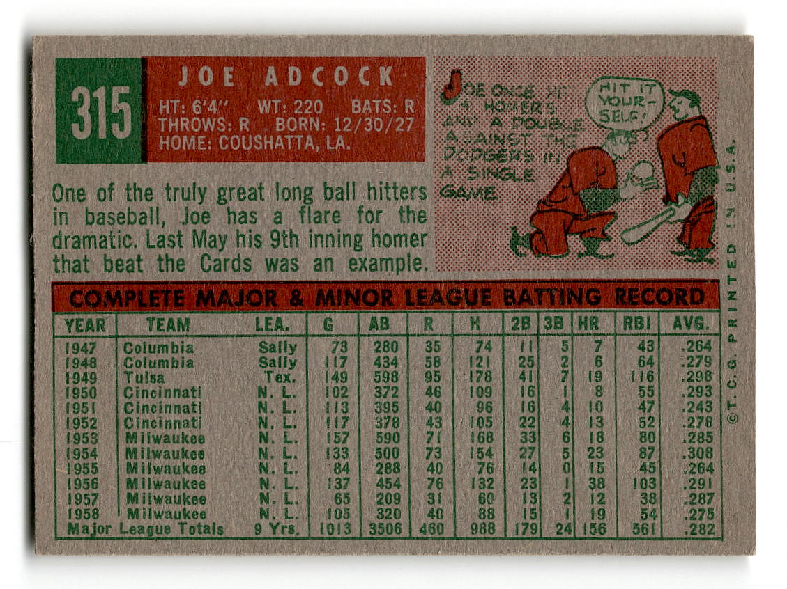 1959 Topps #315 Joe Adcock Milwaukee Braves VGEX
