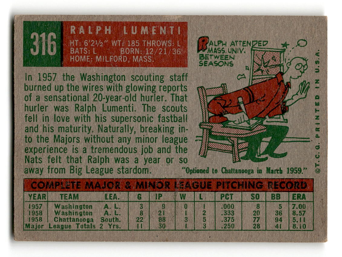 1959 Topps #316 Ralph Lumenti Washington Senators EX