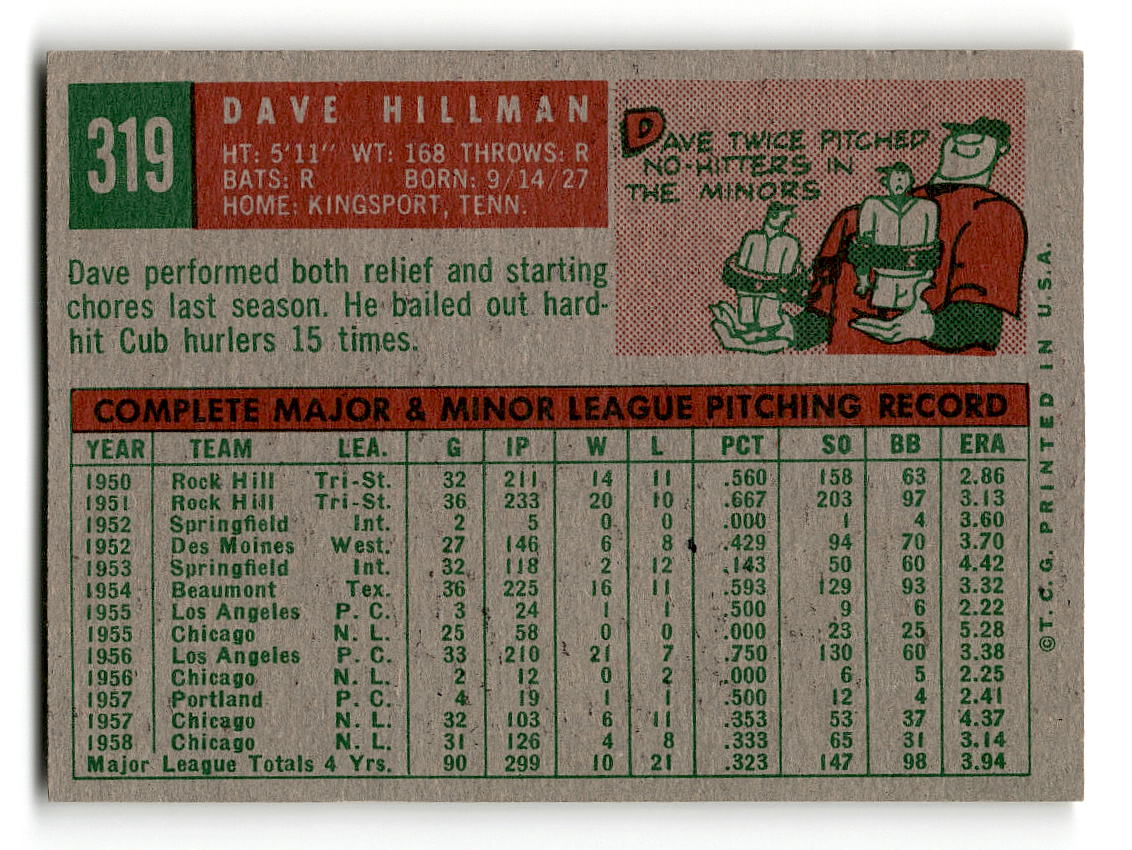 1959 Topps #319 Dave Hillman Chicago Cubs VGEX