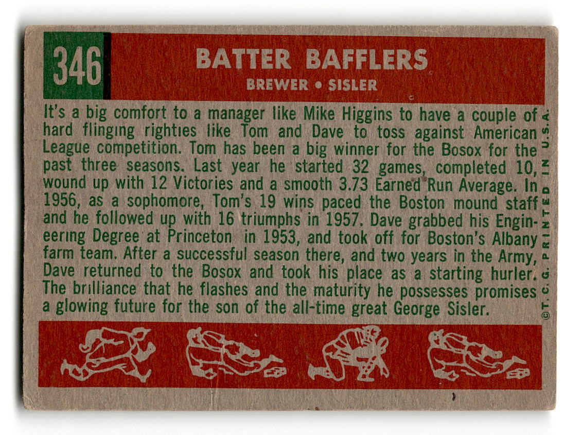 1959 Topps #346 Batter Bafflers Tom Brewer / Dave Sisler VGEX