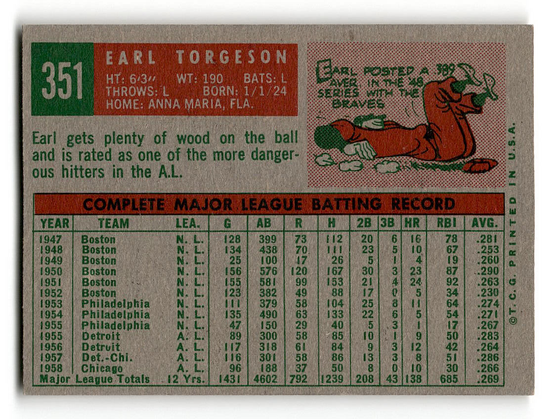 1959 Topps #351 Earl Torgeson Chicago White Sox EXMT