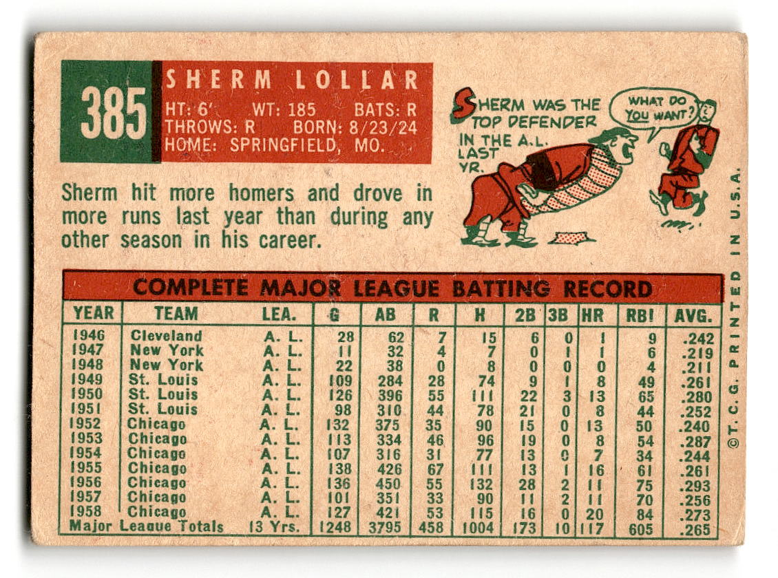 1959 Topps #385 Sherm Lollar Chicago White Sox VG