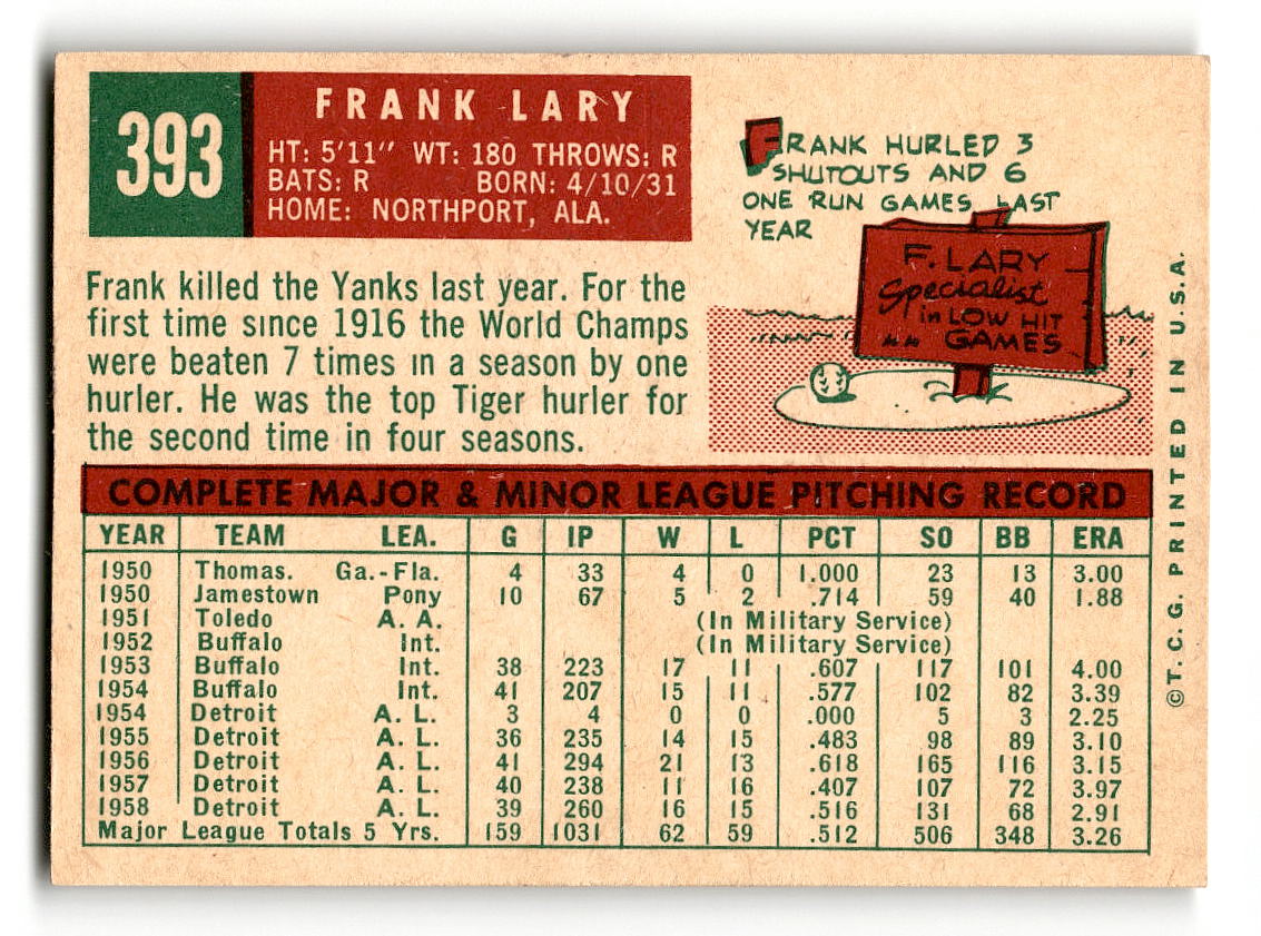 1959 Topps #393 Frank Lary Detroit Tigers NMT