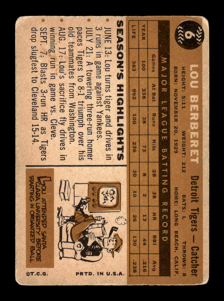 1960 Topps #6 Lou Berberet - Detroit Tigers VG