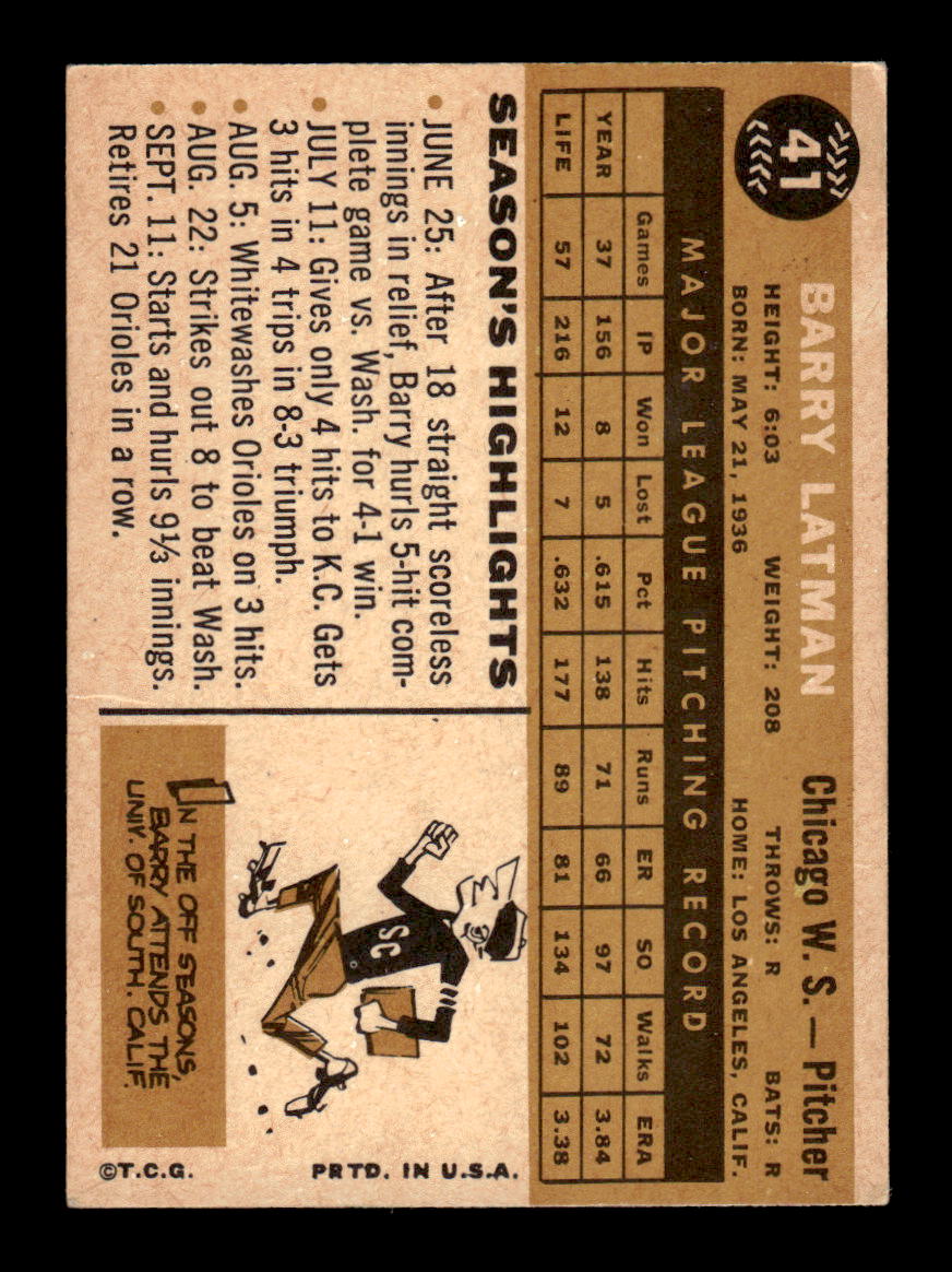 1960 Topps #41 Barry Latman - Chicago White Sox EX