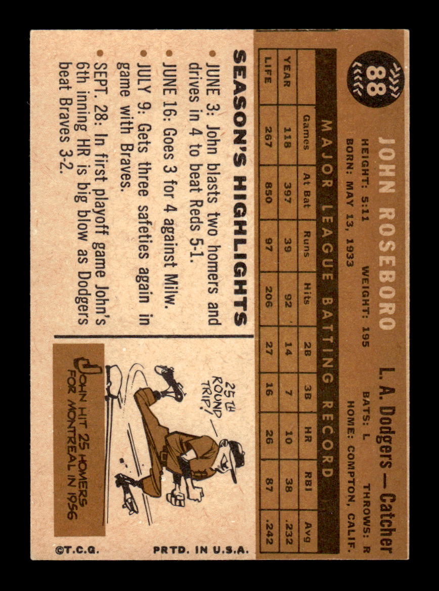 1960 Topps #88 John Roseboro - Los Angeles Dodgers VGEX