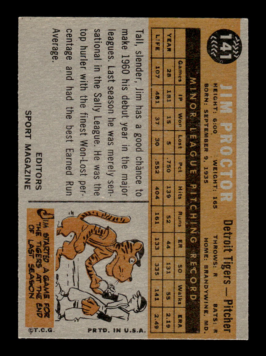 1960 Topps #141 Jim Proctor - Detroit Tigers RC EXMT