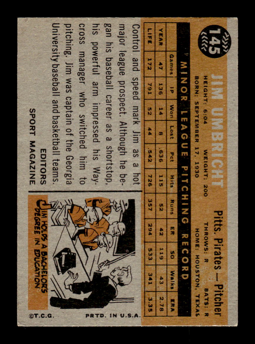 1960 Topps #145 Jim Umbricht - Pittsburgh Pirates RC VGEX