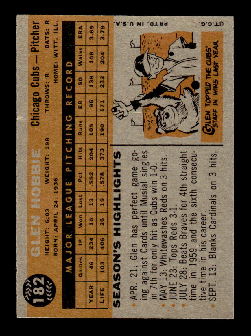 1960 Topps #182 Glen Hobbie - Chicago Cubs EX