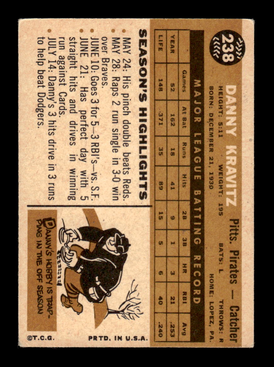 1960 Topps #238 Danny Kravitz - Pittsburgh Pirates VG