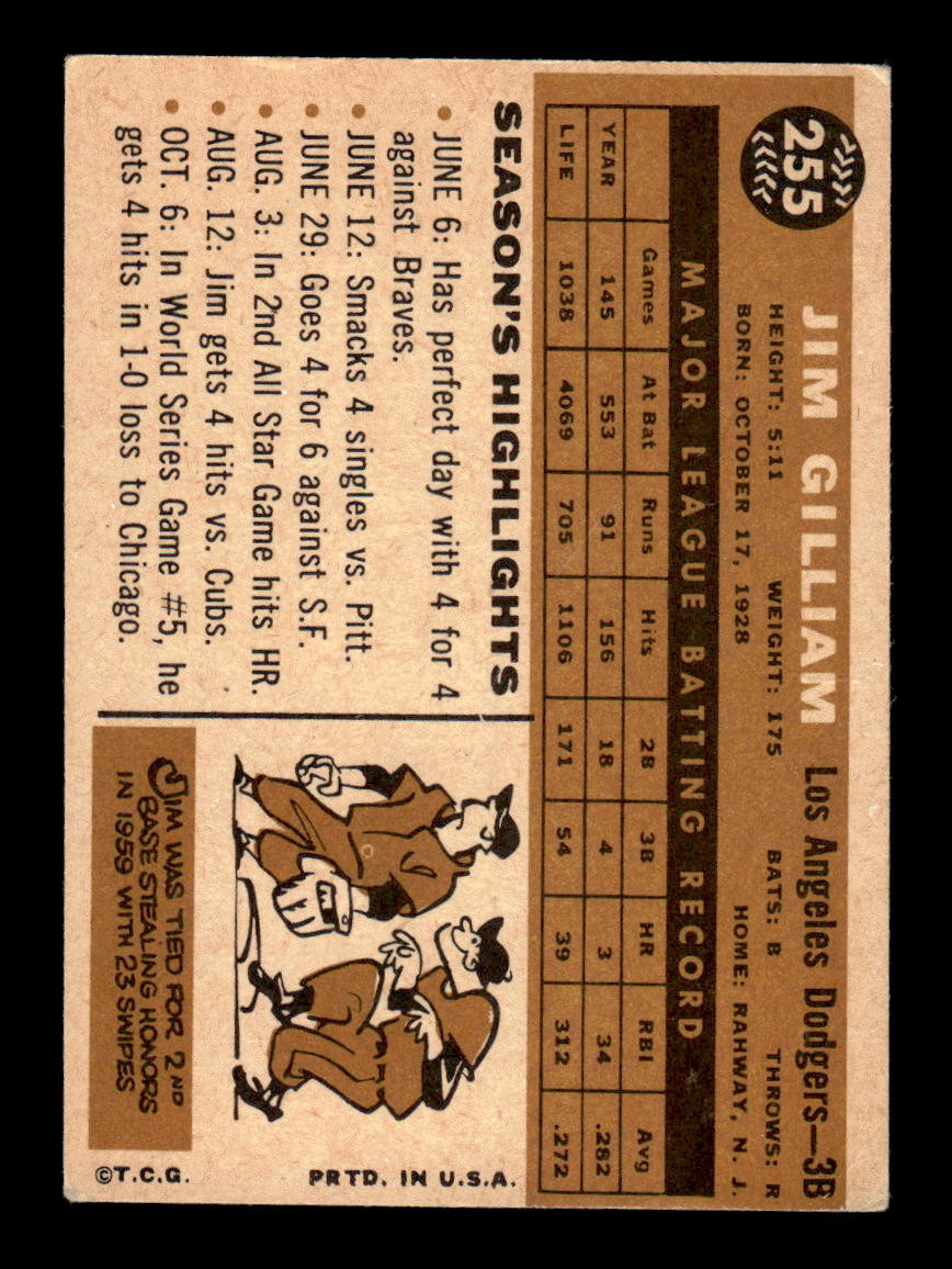 1960 Topps #255 Jim Gilliam - Los Angeles Dodgers EX